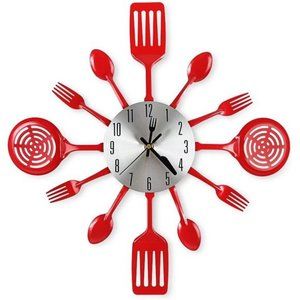 16 Inch Large Kitchen Wall Clocks with Spoons and Forks Home Decor, Red
